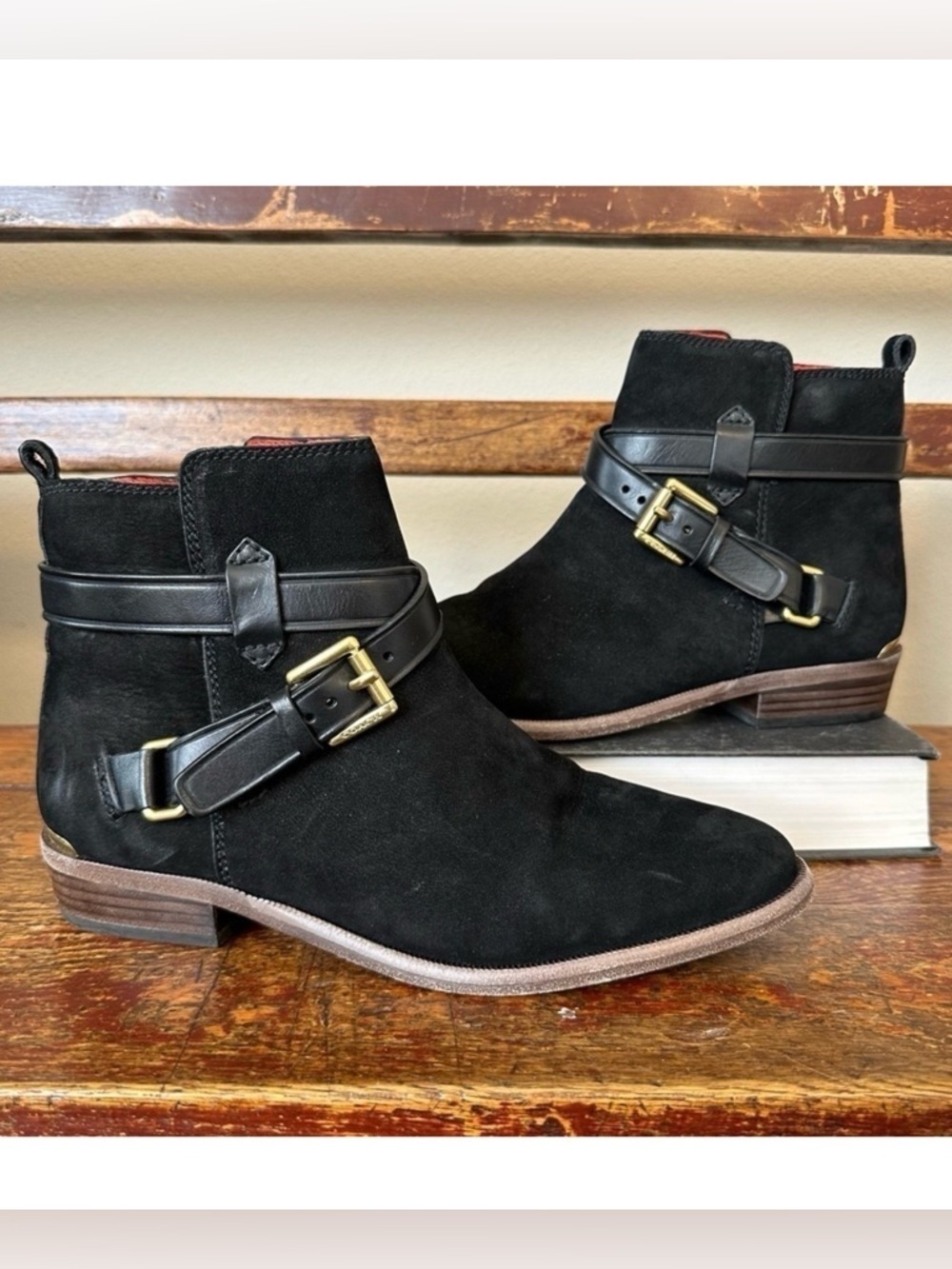 COACH Leoda Black Suede Buckle Ankle Booties Boots